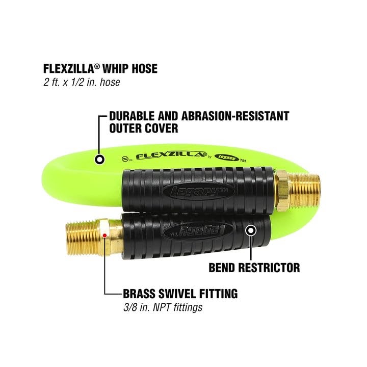 Flexzilla Swivel Whip Air Hose 2 Feet | 1/2" Hose I.D. and 3/8" Fittings | Extreme All-Weather Flexibility | Durable and Abrasion-Resistant Outer Cover, 3/8" NPT Ends - Image 2